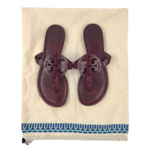 TORY BURCH Miller Sandals Croc Burgundy Minimal Boho Quiet Luxury Old Money 6 - Picture 1 of 9